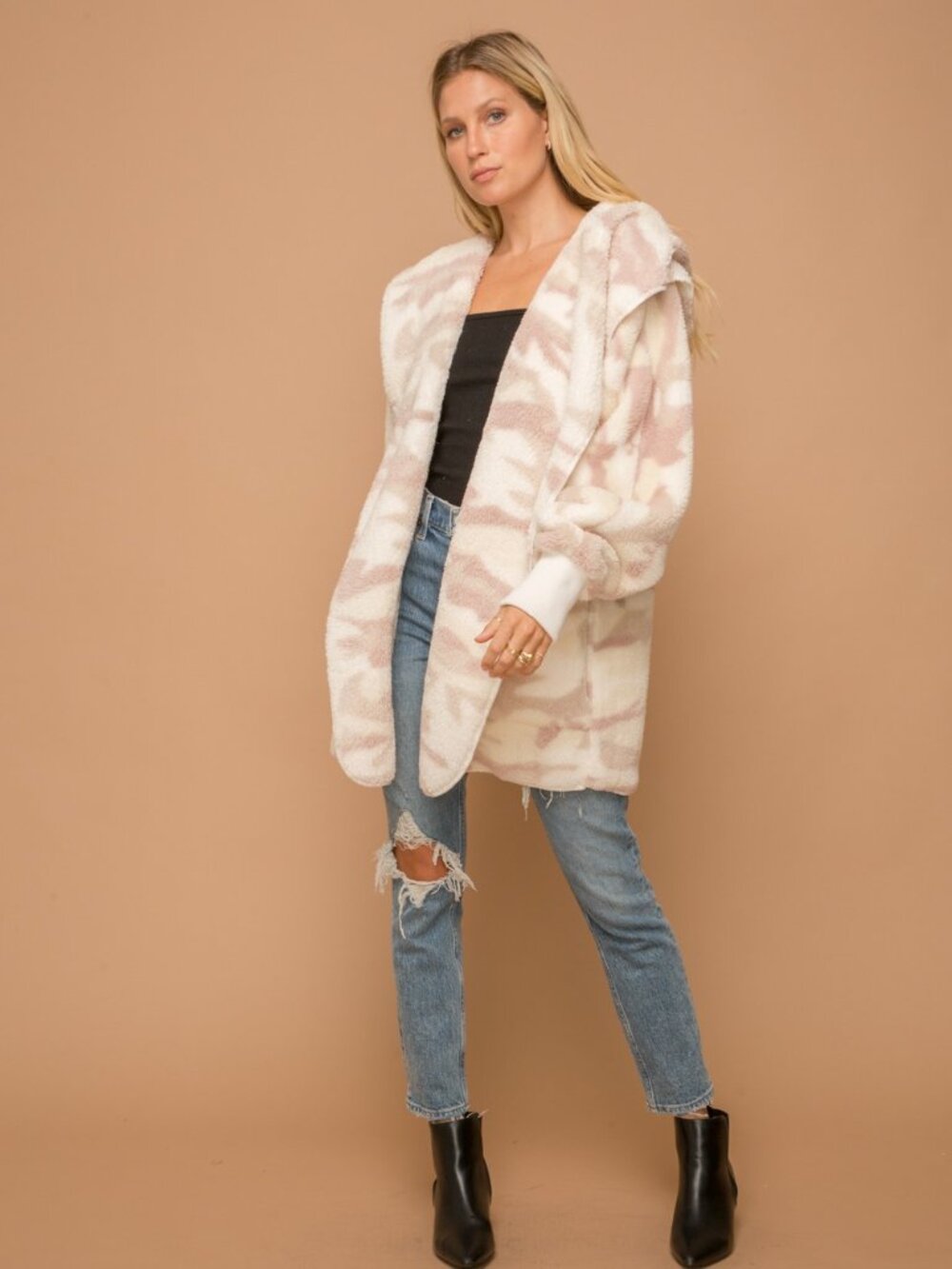 NEW Camo Print Furry Teddy Jacket Pink Casual Comfy Weekend Leisure Boutique